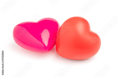 Closeup two pink and red heart for applying valentine's day decoration concept isolated on white background with clipping path