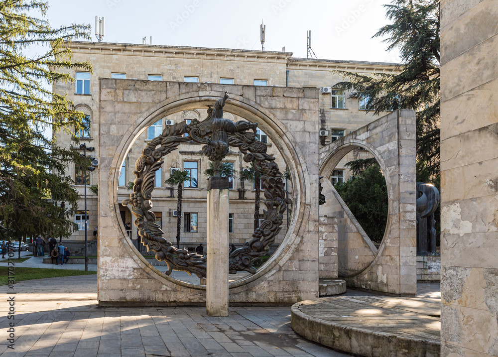 Obraz premium Sculptural group made of stone and metal opposite the city opera house on the Shota Rustaveli Ave in the old part of Kutaisi in Georgia