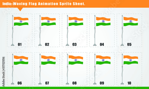 Vector India country waving flag animation. Sequence frames sprite sheet illustration. Smooth waving animation sprites on white background, India flag vector animation frames.
