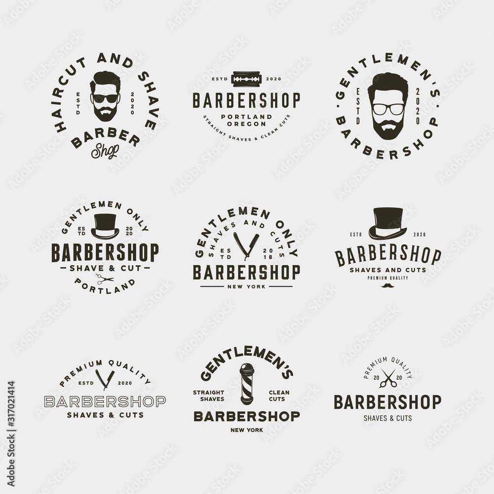 set of vintage barbershop logos. retro styled hair salon emblems. vector illustration