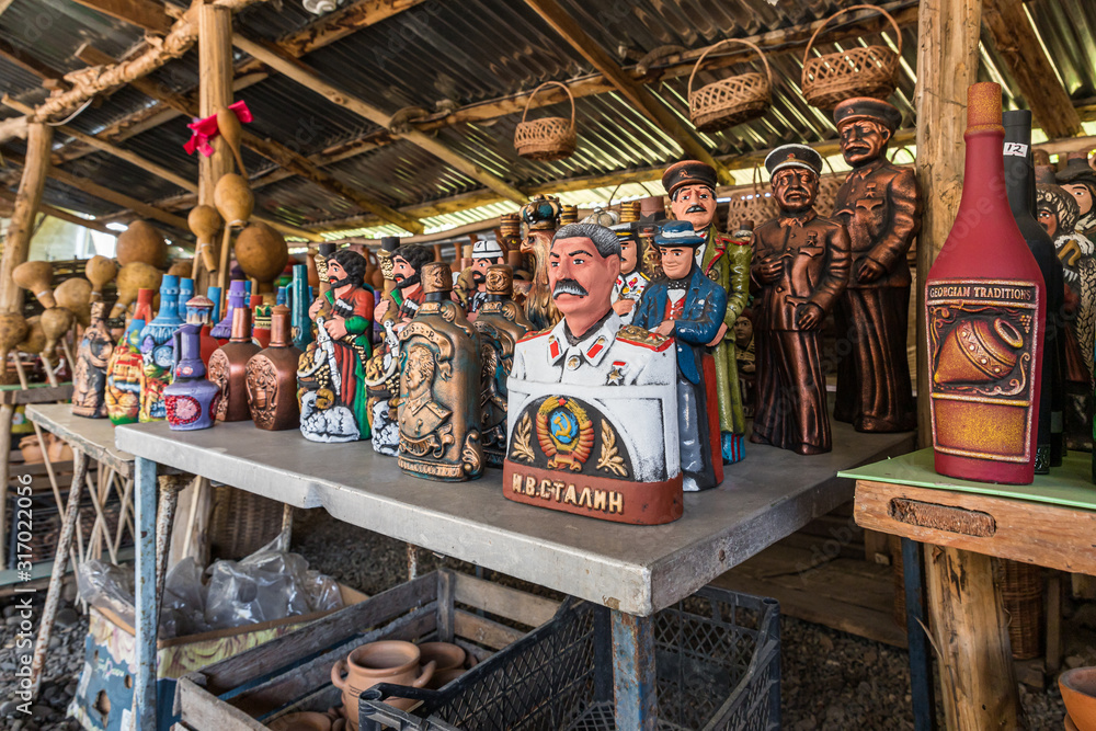 Souvenirs for sale exhibited at a roadside gift shop in Imereti in Georgia