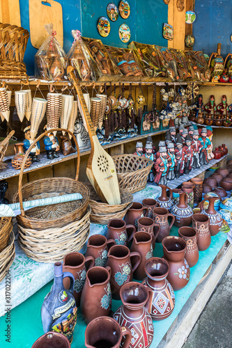 Souvenirs for sale exhibited at a roadside gift shop in Imereti in Georgia