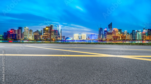 Urban road and Hangzhou architectural landscape skyline..
