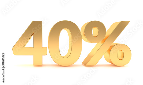 Gold 40 percent discount sale promotion. 40% discount isolated on white background. Forty percent off discount.