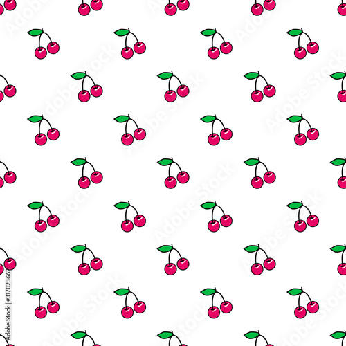 Seamless pattern with cherries isolated on white background. Sweet red ripe berries. Vector wallpaper.	