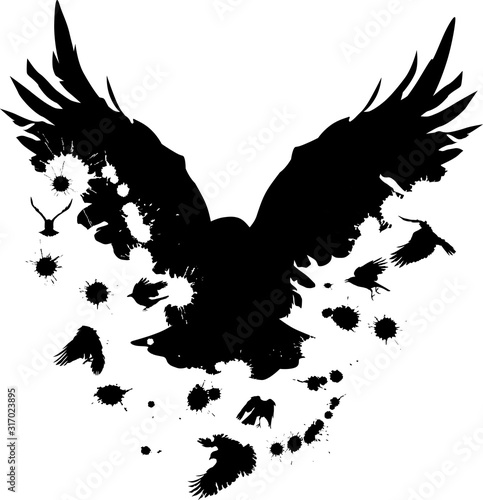 flying crow from birds and blots isolated on white