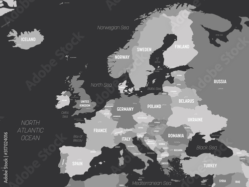 Europe map - grey colored on dark background. High detailed political map of european continent with country, capital, ocean and sea names labeling