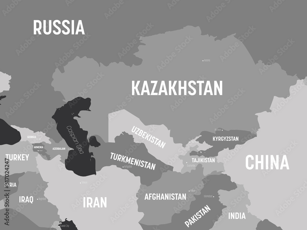 Central Asia map - grey colored on dark background. High detailed political map of central asian region with country, capital, ocean and sea names labeling