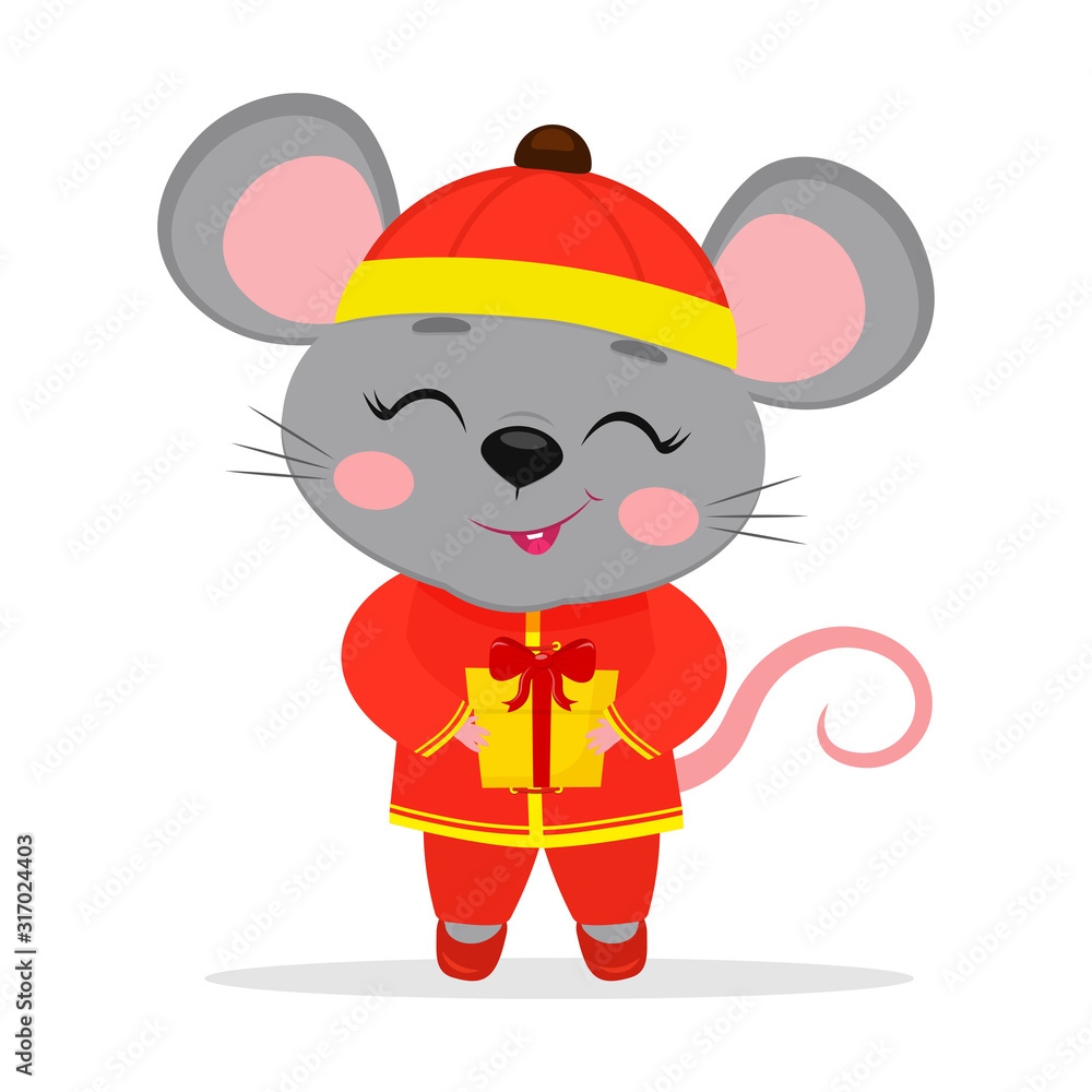 Obraz premium Chinese zodiac rats of 2020. Cute mouse or rat in a Chinese traditional red costume holds a box with a gift, isolated on white background. Cartoon style, vector