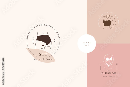 Vector design linear template logos or emblems - graceful faceless lady. Female logos for lingerie or clothes.