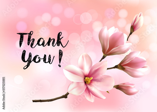 Thank You background with beautiful blossom brunch of pink magnolia. Vector