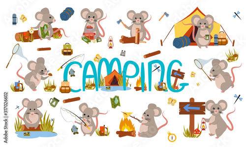 Fototapeta Naklejka Na Ścianę i Meble -  Set different mice and rats tourist on nature. Camping Phishing, overnight in tent, picking mushrooms, fun and relaxation. Children's illustration. Scouts. Cute Vector Illustration