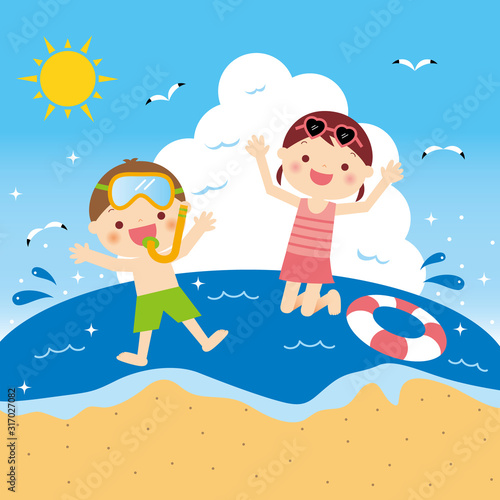 海で遊ぶ子供たちのイラスト