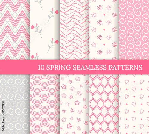 Ten spring seamless patterns. Romantic pink backgrounds for Valentine's or Mother's day. Endless texture for wallpaper, web page, wrapping paper. Retro style. Wave, flower, curl, heart
