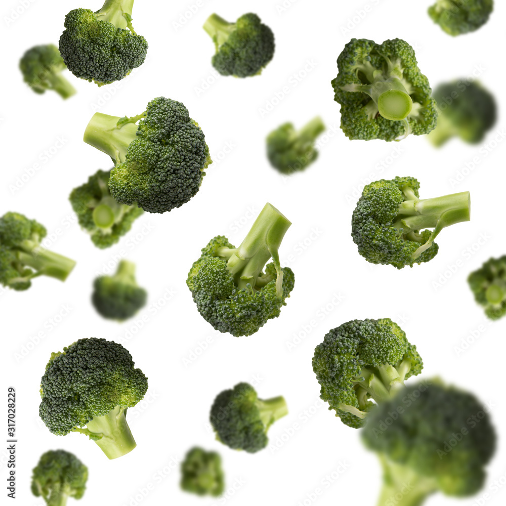 Flying broccoli isolated on white background, pattern Flying broccoli isolated on white background, pattern