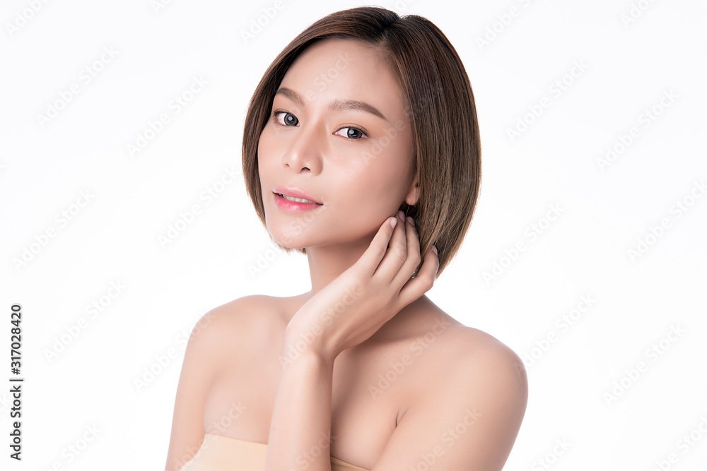 Portrait beautiful young asian woman clean fresh bare skin concept. Asian girl beauty face skincare and health wellness, Facial treatment, Perfect skin, Natural make up, on white background,two Portrait beautiful young asian woman clean fresh bare skin concept. Asian girl beauty face skincare and health wellness, Facial treatment, Perfect skin, Natural make up, on white background,two
