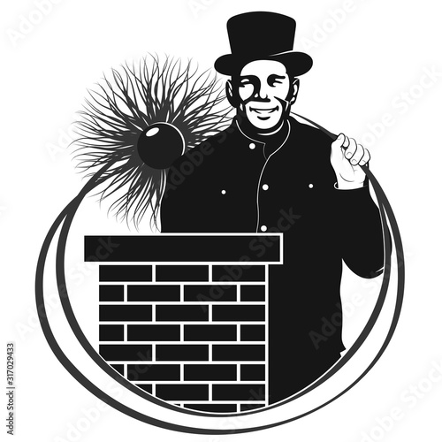 Chimney sweep with tool in uniform and chimney on the roof symbol photo