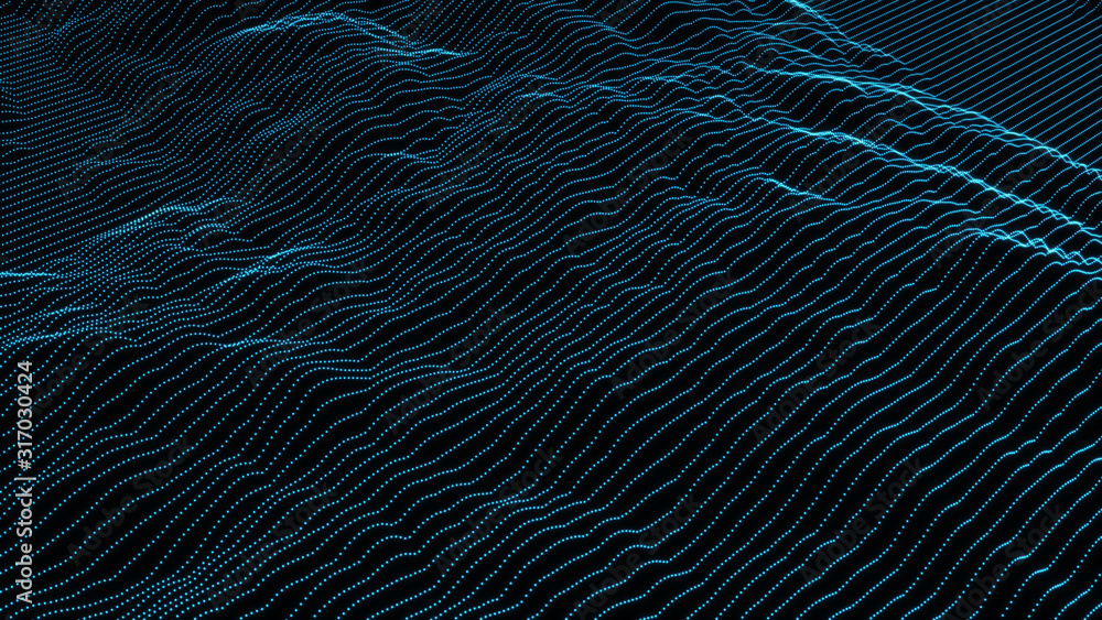Abstract light wave background. Bright luminous glowing lines. Dynamic lights shape on dark background. 