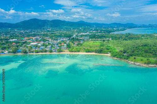 Aerial view drone shot of long tail boat at rawai beach,phuket Thailand