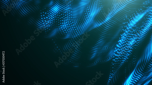 Abstract blue light wave background. Bright luminous glowing lines. Dynamic lights shape on dark background. 