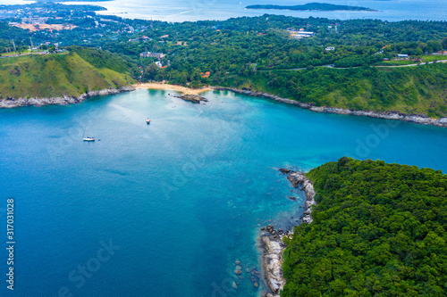 Aerial view of beautiful tropical beach and sea with palm and other tree in Phuket island for travel and vacation. Nai Han Beach © netsay