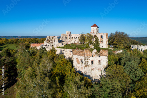 Ruins of medieval Tenczyn castle in Rudno near Krakow in Poland. Aerial view in fall