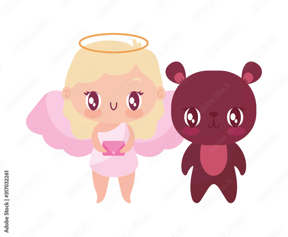 Isolated girl cupid and bear cartoon vector design