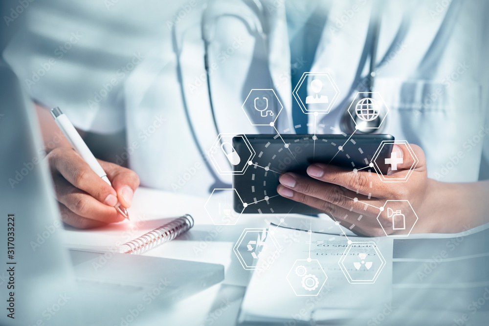 Doctor using on technological digital futuristic virtual interface. innovative in science and medicine concept. Doctor using on technological digital futuristic virtual interface. innovative in science and medicine concept.