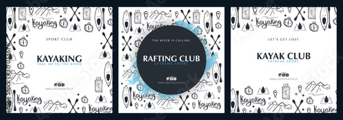 Set of Kayaking or rafting banner with hand draw doodle background.