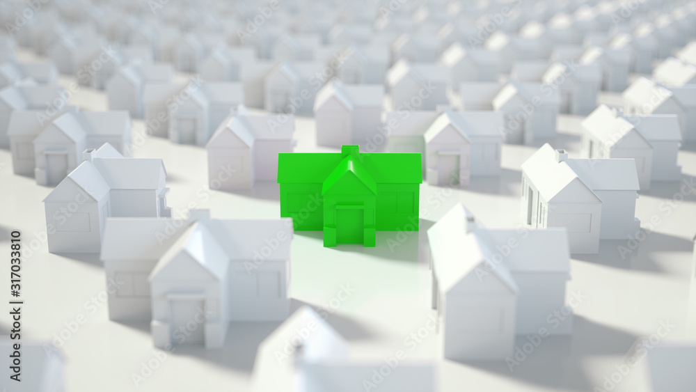 Green and white house, Hunting, searching and choosing new house minimal concept. 3D Rendering Green and white house, Hunting, searching and choosing new house minimal concept. 3D Rendering