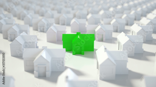 Green and white house  Hunting  searching and choosing new house minimal concept. 3D Rendering