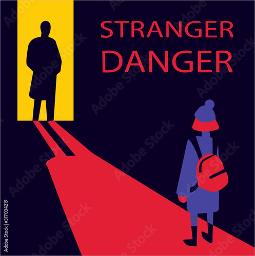 Flat vector illustration of young child meeting male stranger in dark street. Social problem of stranger danger. Children protection and safety. Kids kidnapping and child abuse by unknown people photo