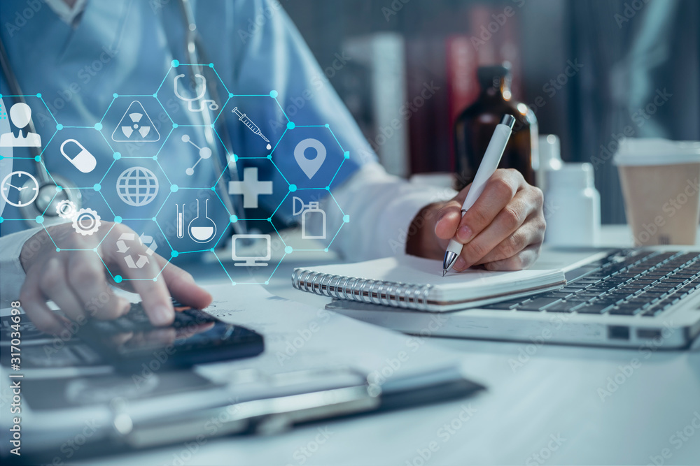Obraz premium Doctor using digital laptop against dental equipment with medical network icon connection on modern virtual screen interface, medical technology networking concept.