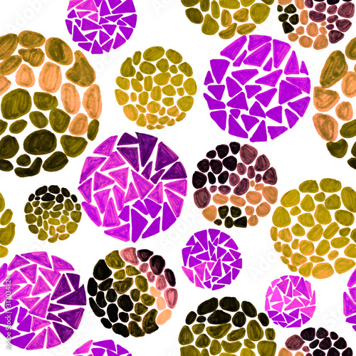 Creative seamless pattern with hand drawn circles with spots and triangles. G...