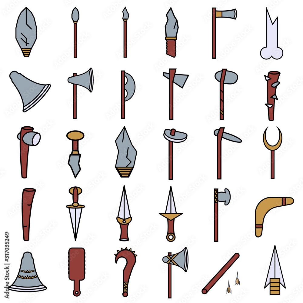 Fotografia primitive weapon flat color icon set