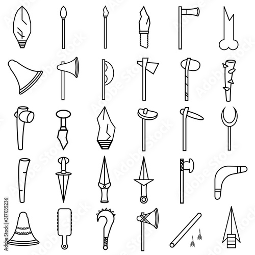 primitive weapon line icon set
