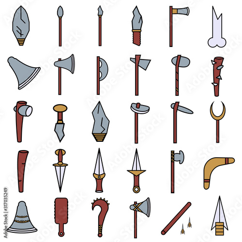 primitive weapon flat color icon set