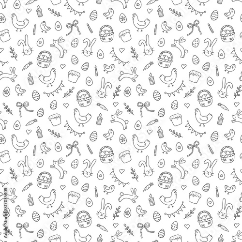 Easter seamless pattern with eggs, rabbits, hens, chicken and other symbol of the great religious holiday. Vector illustration in doodle style on white background. Hand drawn © Elena Pimukova