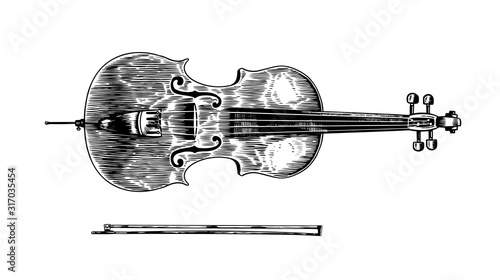 Jazz cello and bow in monochrome engraved vintage style. Hand drawn violoncello sketch for blues and ragtime festival poster. Musical classical stringed instrument. 