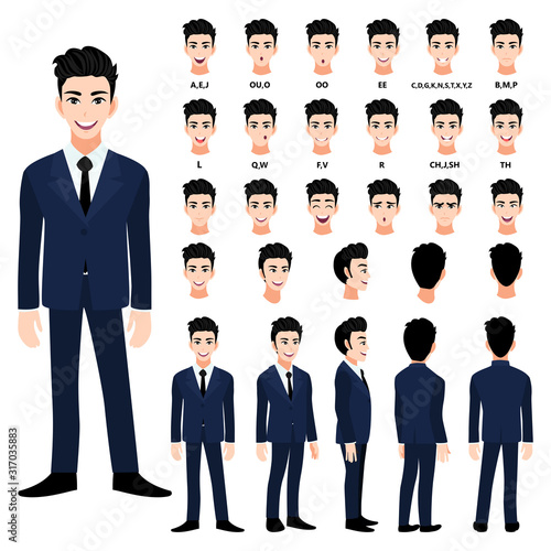 Cartoon character with handsome business man in suit for animation. Front, side, back, 3-4 view character. Separate parts of body. Flat vector illustration.