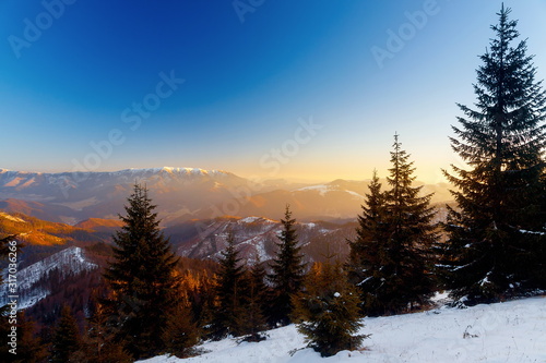 Beautiful mountain snowy landscape. Beautiful sunny day in the mountains.