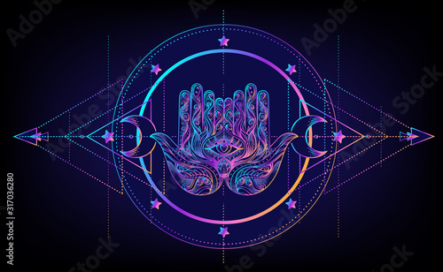 Sacred Geometry and Boo symbol set. Ayurveda sign of harmony and balance. Tattoo design, yoga logo. poster, t-shirt textile. Colorful rainbow gradient over black.