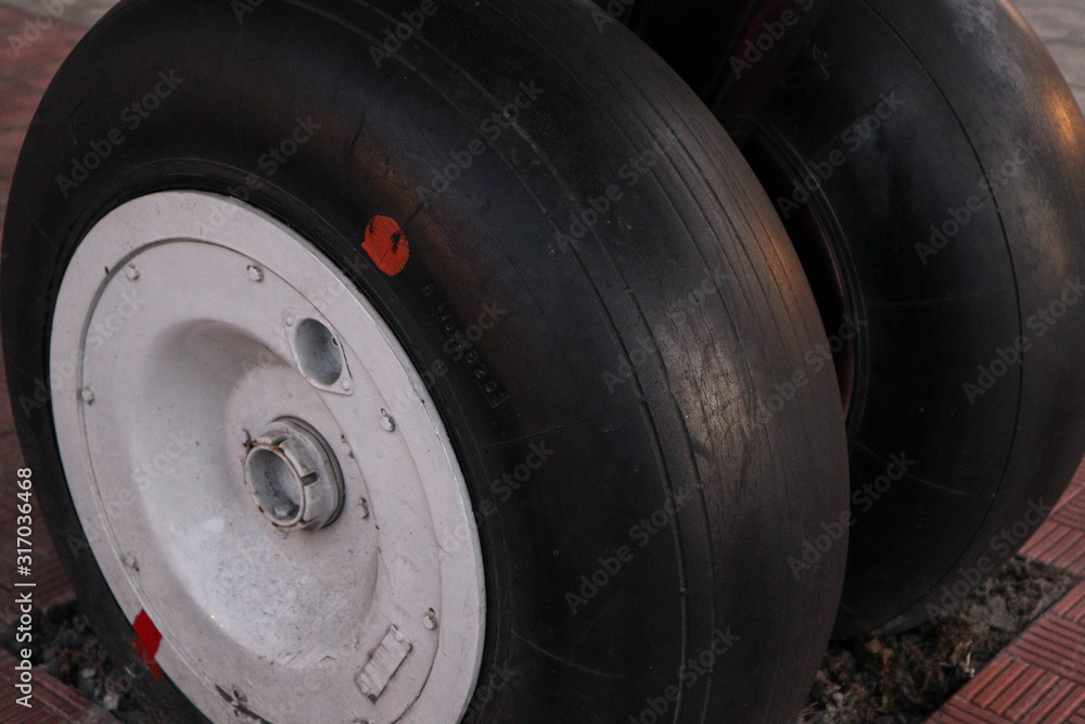 Landing gear. Airplane on the ground.