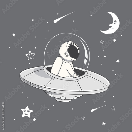 curious astronaut fly in flying saucer