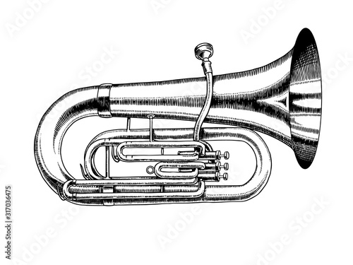 Jazz tuba in monochrome engraved vintage style. Hand drawn trumpet sketch for blues and ragtime festival poster. Musical classical wind instrument. 