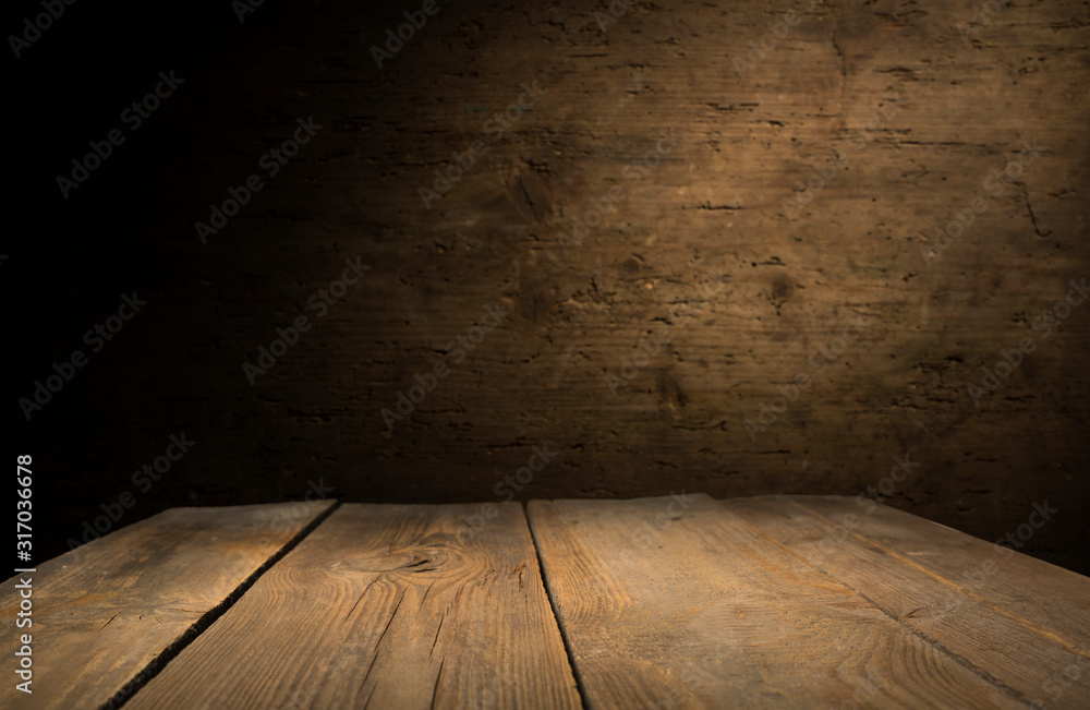 Fototapeta tekstura drewna brązowego ziarna, ciemne tło ściany, widok z góry drewnianego stołu