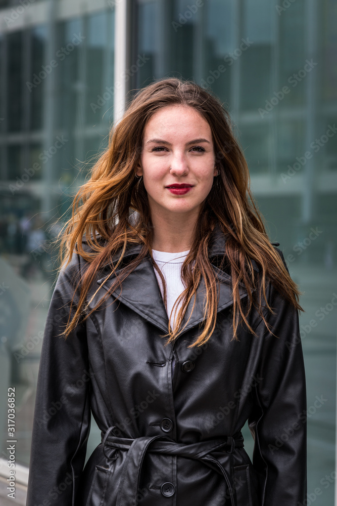Portrait of a Young Woman in Black Trench Coat