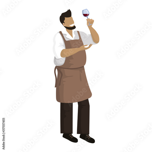Winemaker is holding glass of red wine and checks it.