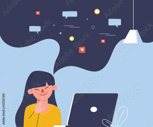 People using computer for social media network communication background. Woman blogger online blogging media.