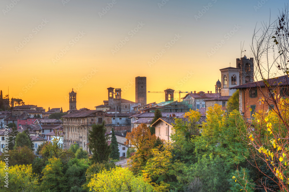 Beautiful sunrise over the Bergamo city in northern Italy
